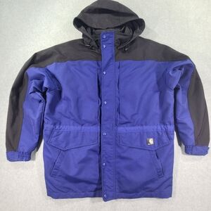 Carhartt Workshield Parka Hooded Coat Mens Large Blue Black Reg Fit Flap Pockets